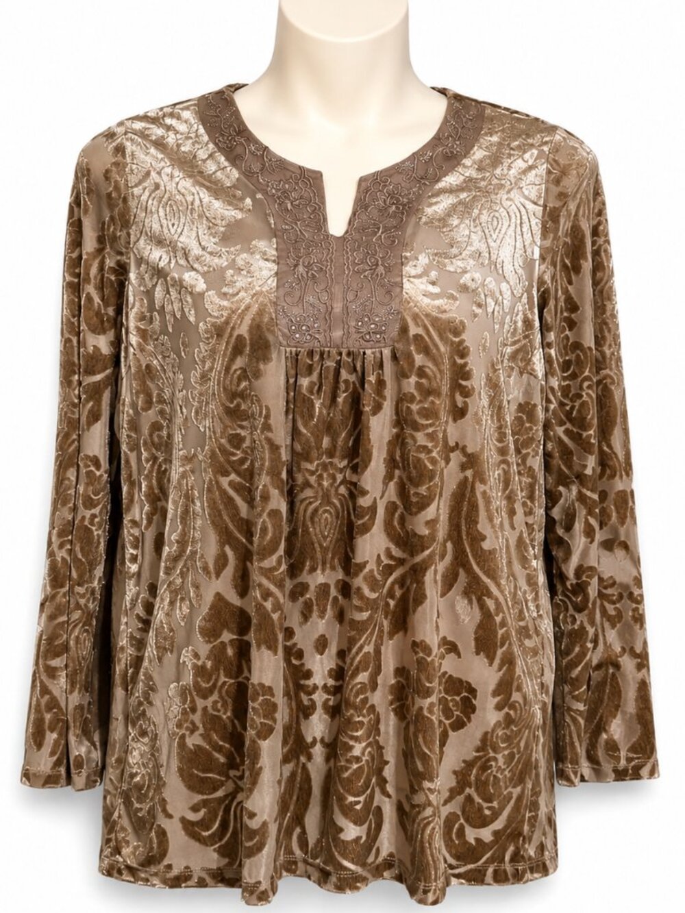 Krazy Kat XL Velvet Burnout Tunic Top Brown Embroidered Boho Blouse